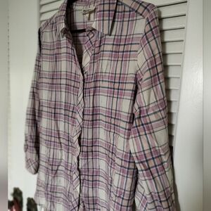 Hester & Orchard Women's Rayon Cotton Plaid Shirt Size Small Cream Pink Blue